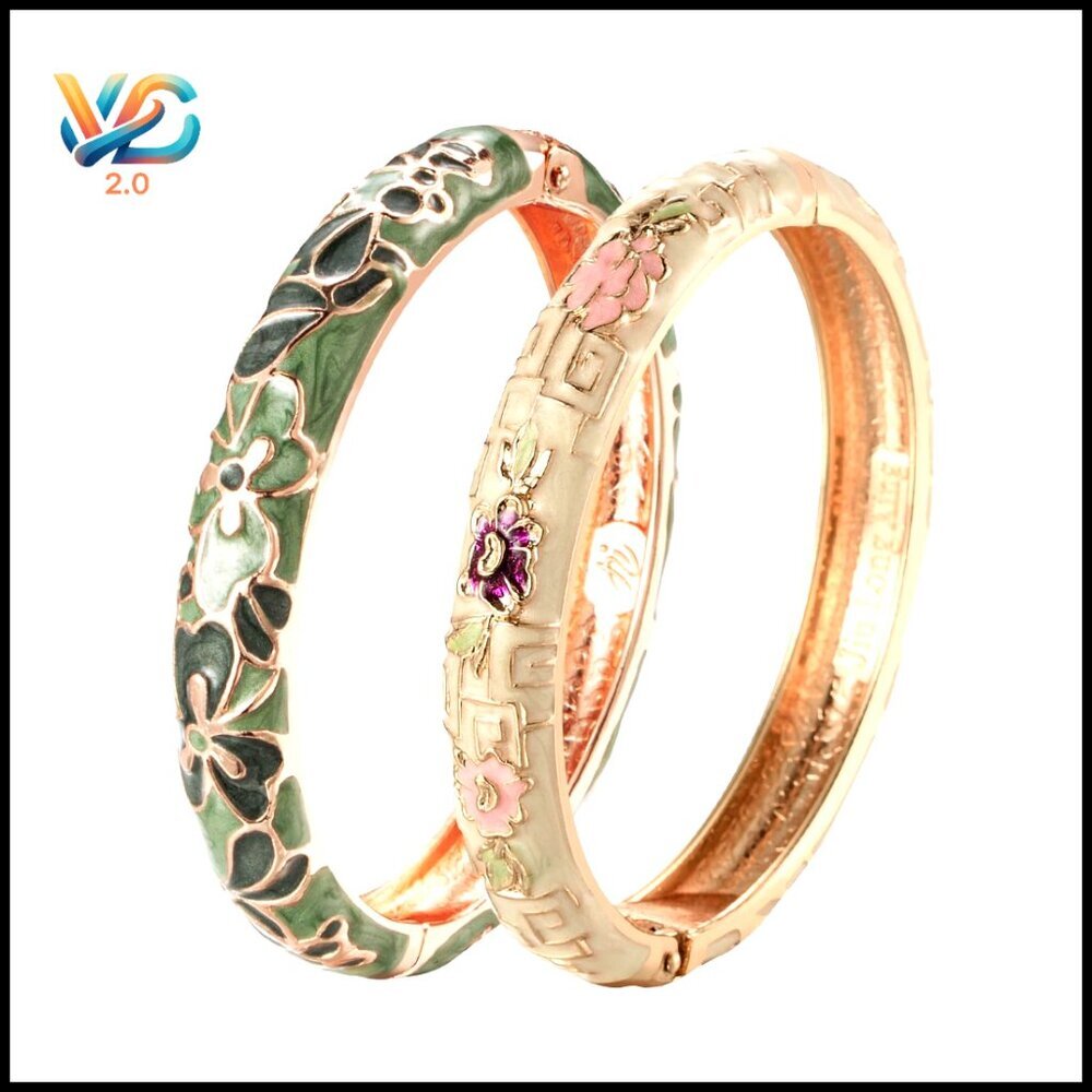 Vintage Cloisonne Enamel Cuff‎ Bangle Bracelet Set Elegant Retro Jewelry